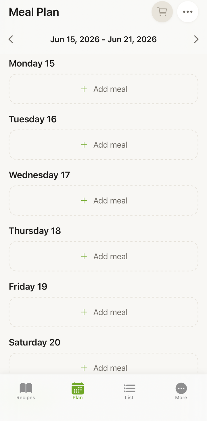 toucher Ajouter un repas, choisir un type de repas et voir le sélecteur de recettes avec recherche