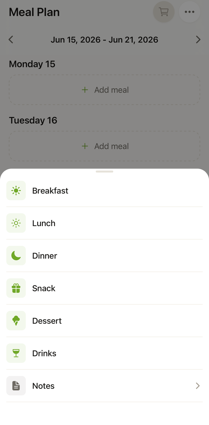 toucher Ajouter un repas, choisir un type de repas et voir le sélecteur de recettes avec recherche