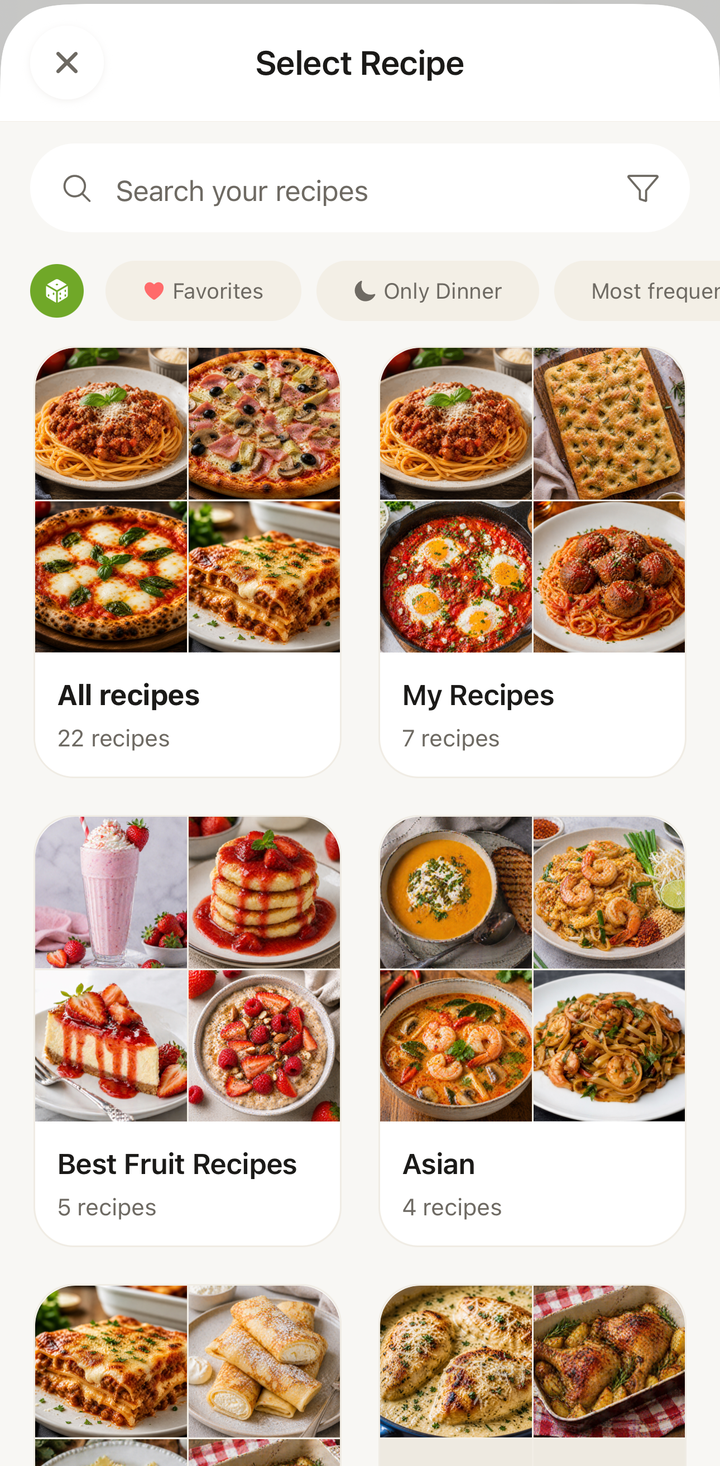 toucher Ajouter un repas, choisir un type de repas et voir le sélecteur de recettes avec recherche