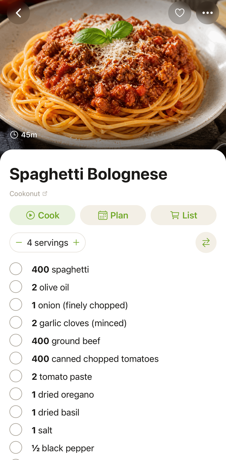 Recipe detail view showing the Source section with a website link
