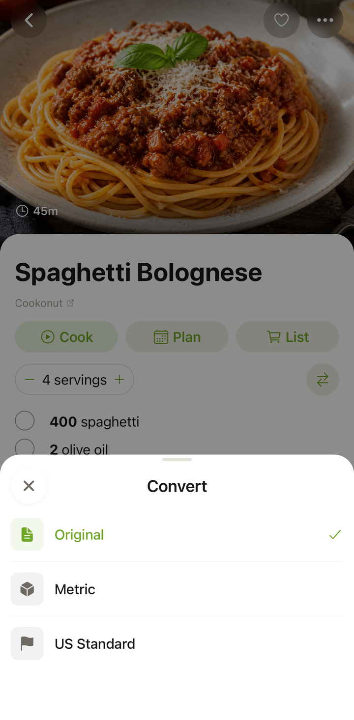 les ingrédients d'une recette affichant la commande Convertir et les mesures converties