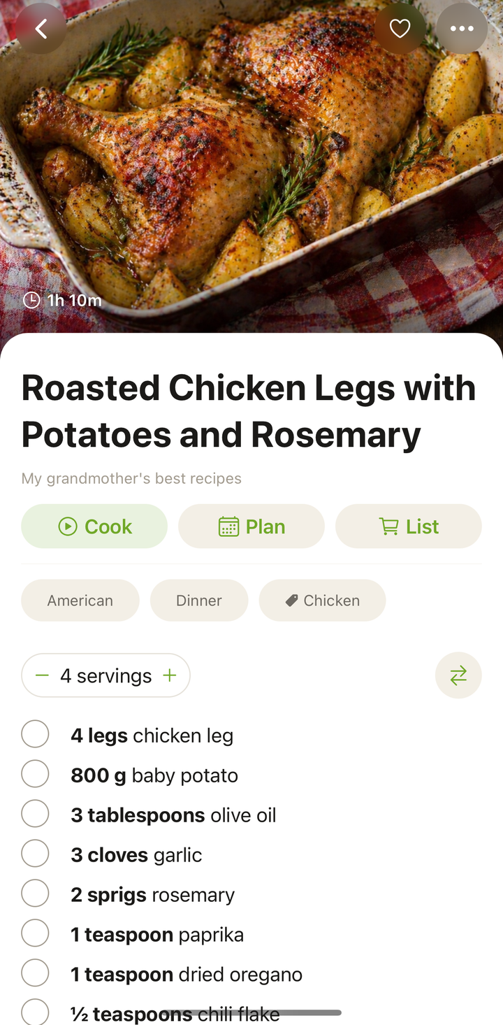 le détail de la recette avec le bouton « Cuisiner » mis en évidence