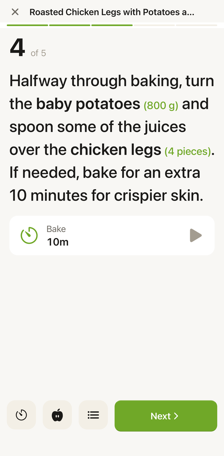 le mode cuisine affichant une seule étape avec un grand texte et un bouton Suivant