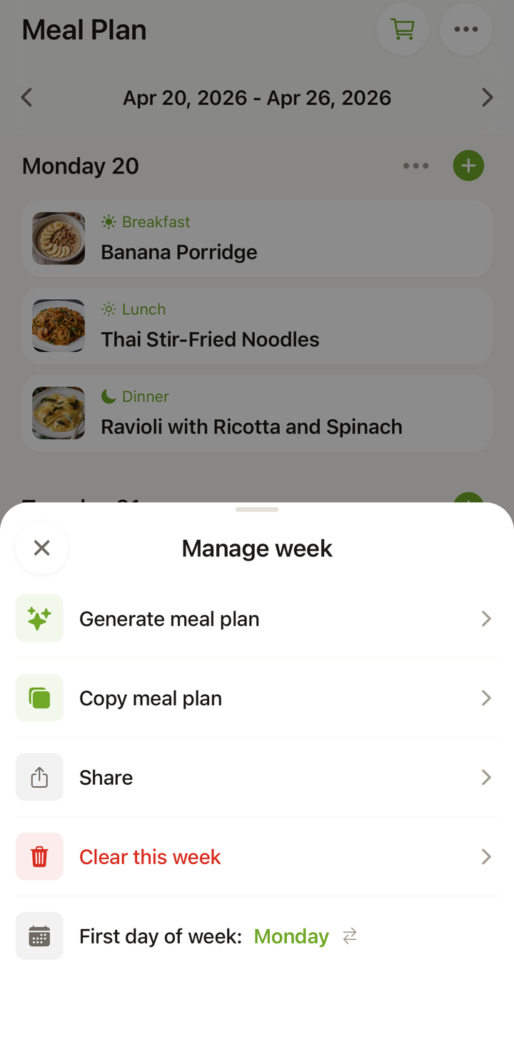 la fiche Gérer la semaine avec « Copier le plan de repas » en surbrillance