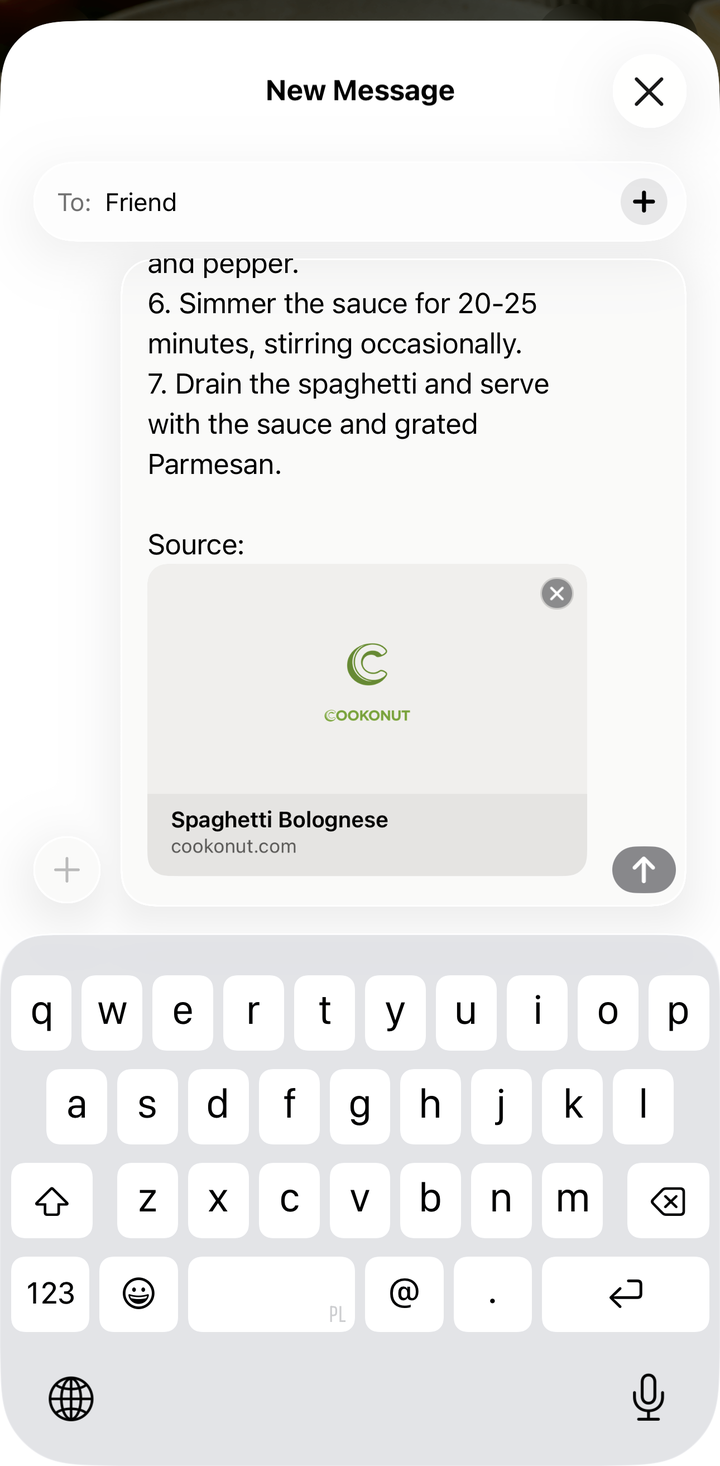 partage d'une recette par message texte avec le lien de la source visible en bas