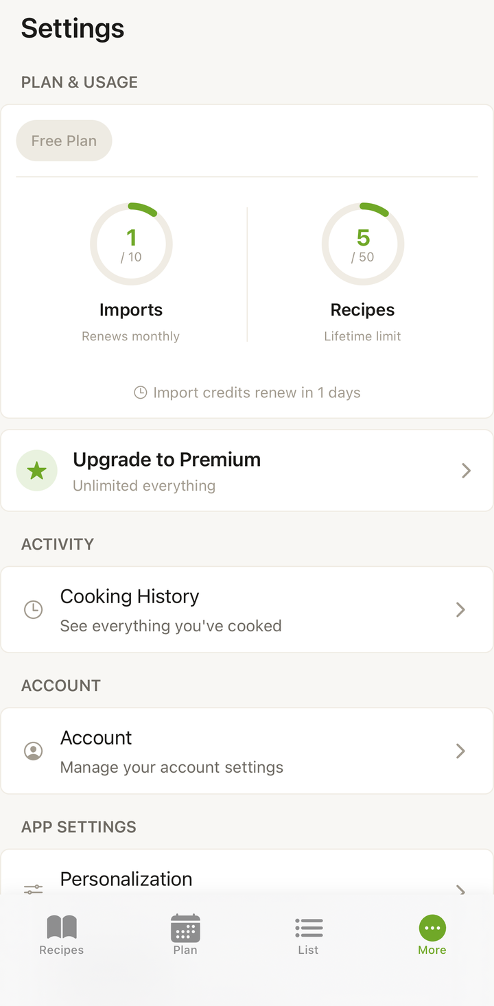 Account settings showing remaining import credits and reset date