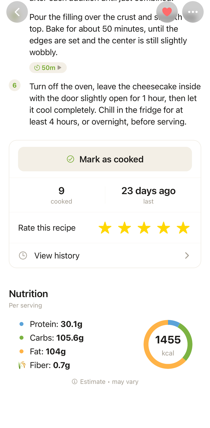 vue détaillée d'une recette montrant le panneau d'informations nutritionnelles avec calories, protéines, glucides et lipides