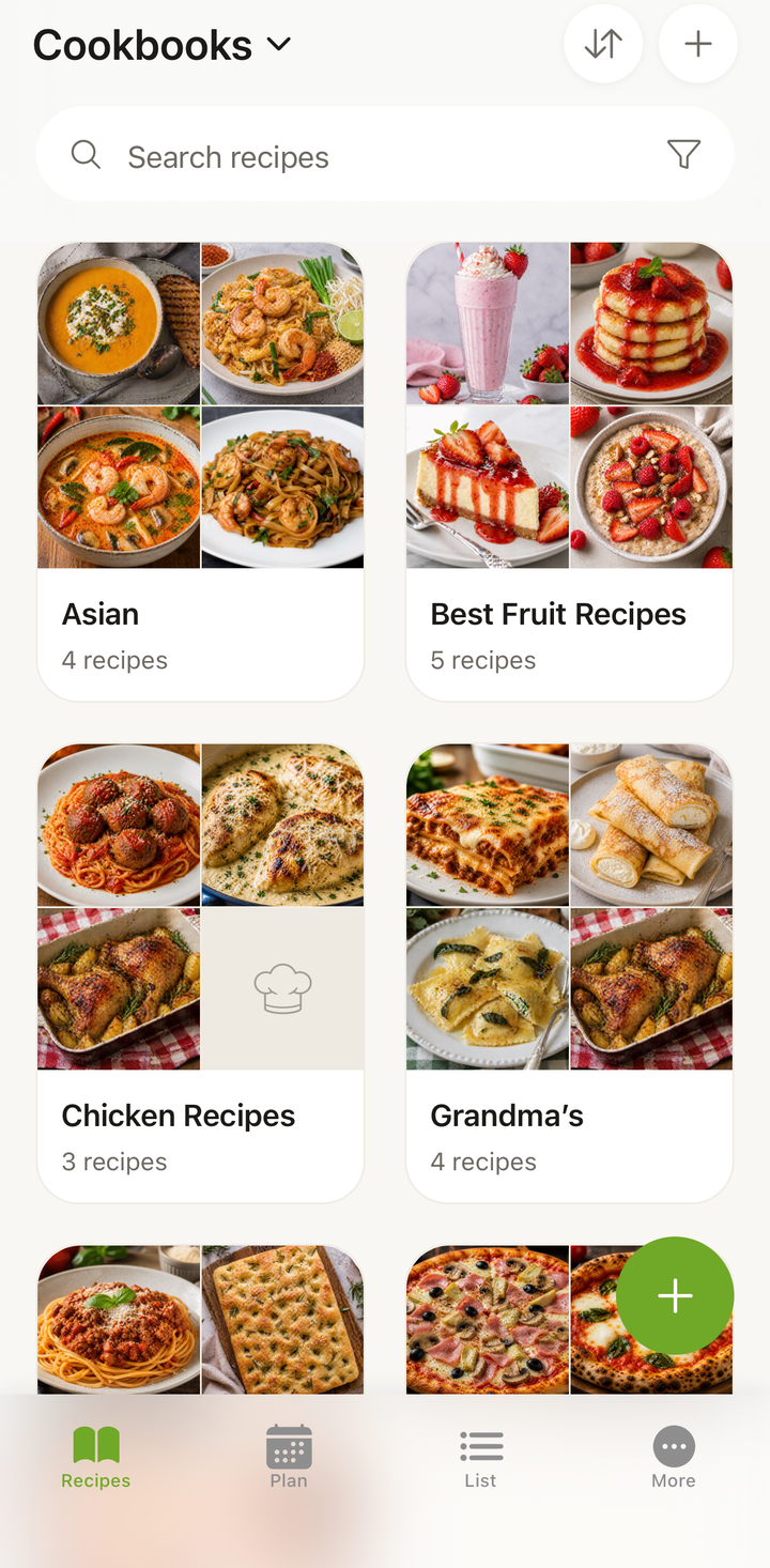 Cookbooks view inside the Recipes tab showing several custom cookbooks with cover images