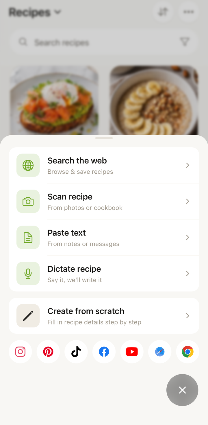 le menu d'import affichant les différentes façons d'ajouter une recette
