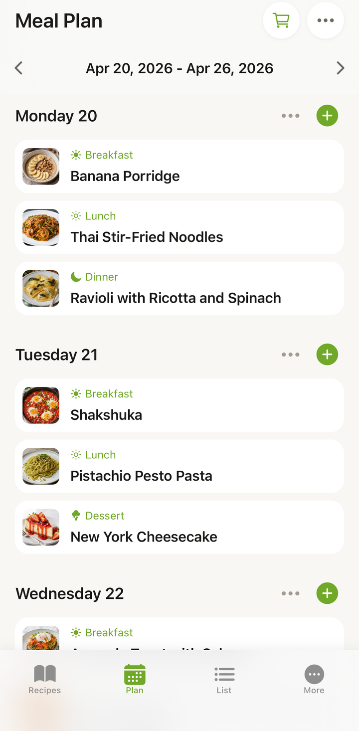 le planificateur de repas affichant une semaine de recettes planifiées avec un bouton « Générer la liste de courses »